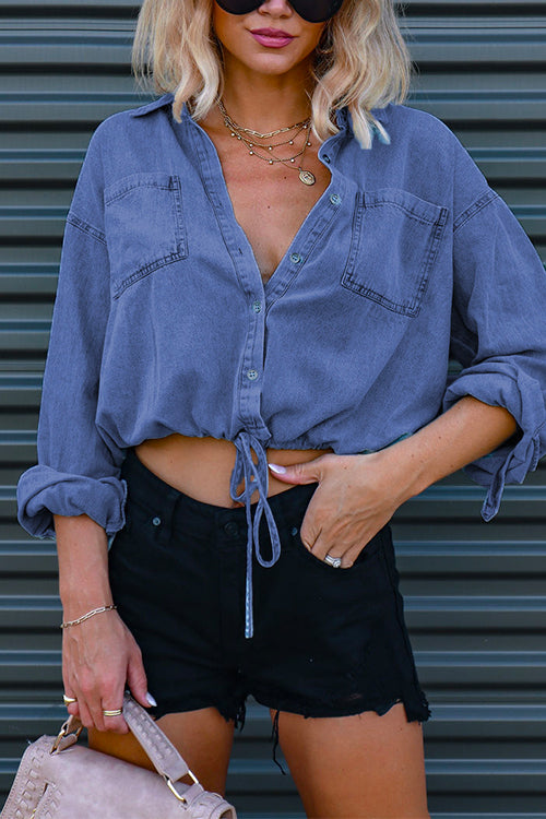 Heididress Long Sleeves Drawstring Hem Cropped Denim Shirt