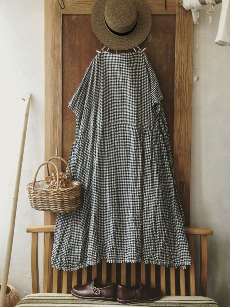 Vintage Checkered Long Sleeve Cotton Linen Midi Dresses