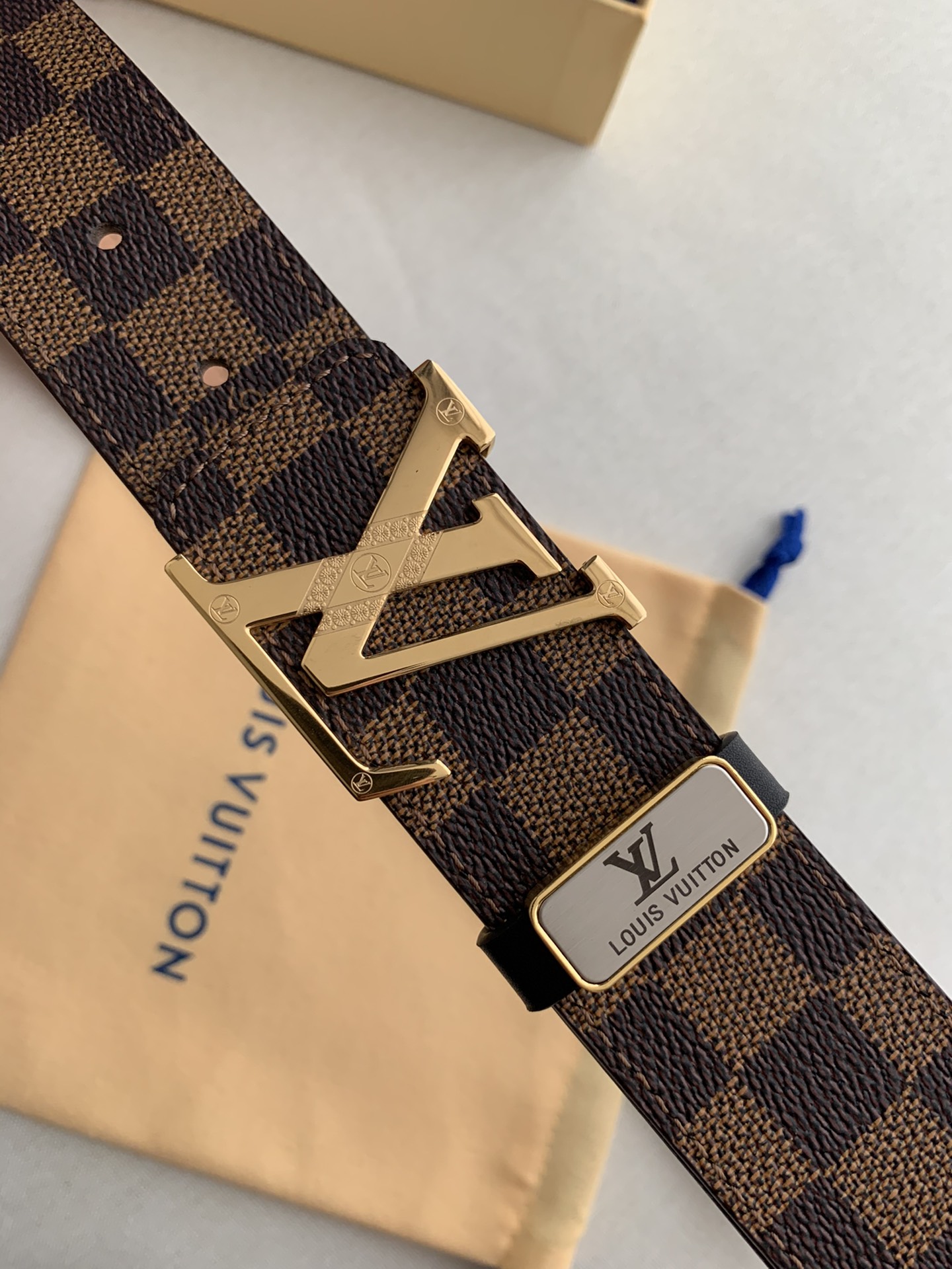 Louis Vuitton Plaid Oldskin Calfskin Men's Belt 3.8CM Width