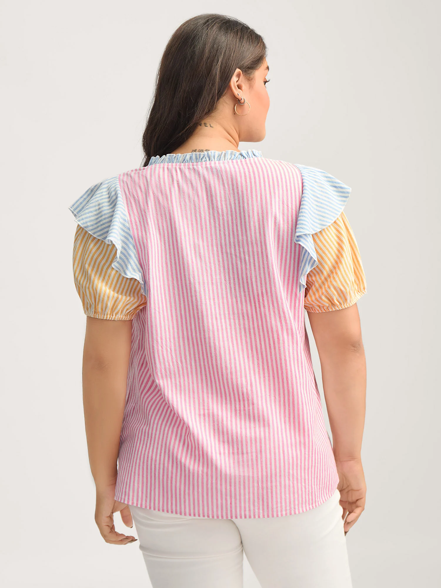 Cotton Colorful Stripes Ruffled Neck Tie Blouse