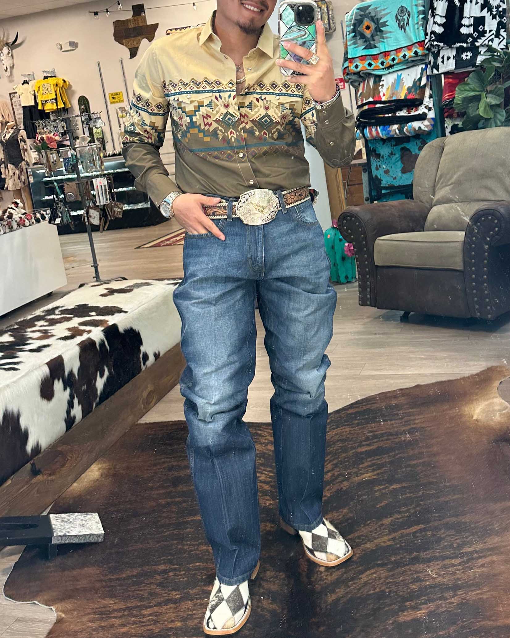 Men's Casual Retro Western Cowboy Stripe Long Sleeve Shirt