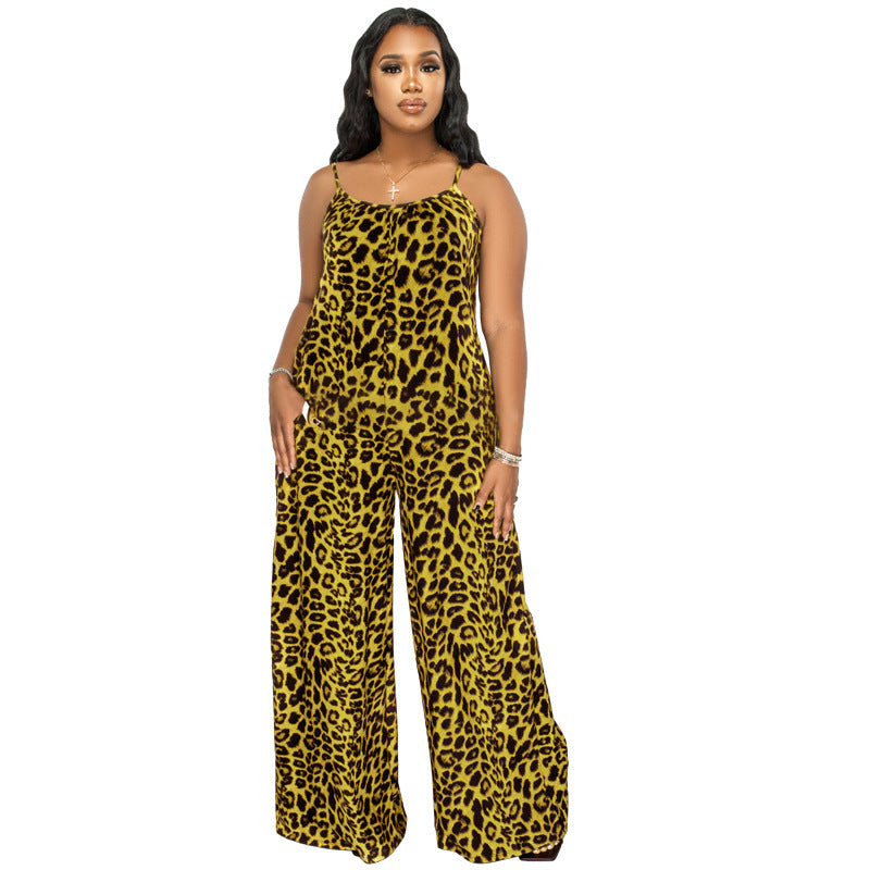 Plus Size New Jumpsuit Summer Leopard Print Sling Casual Jumpsuit