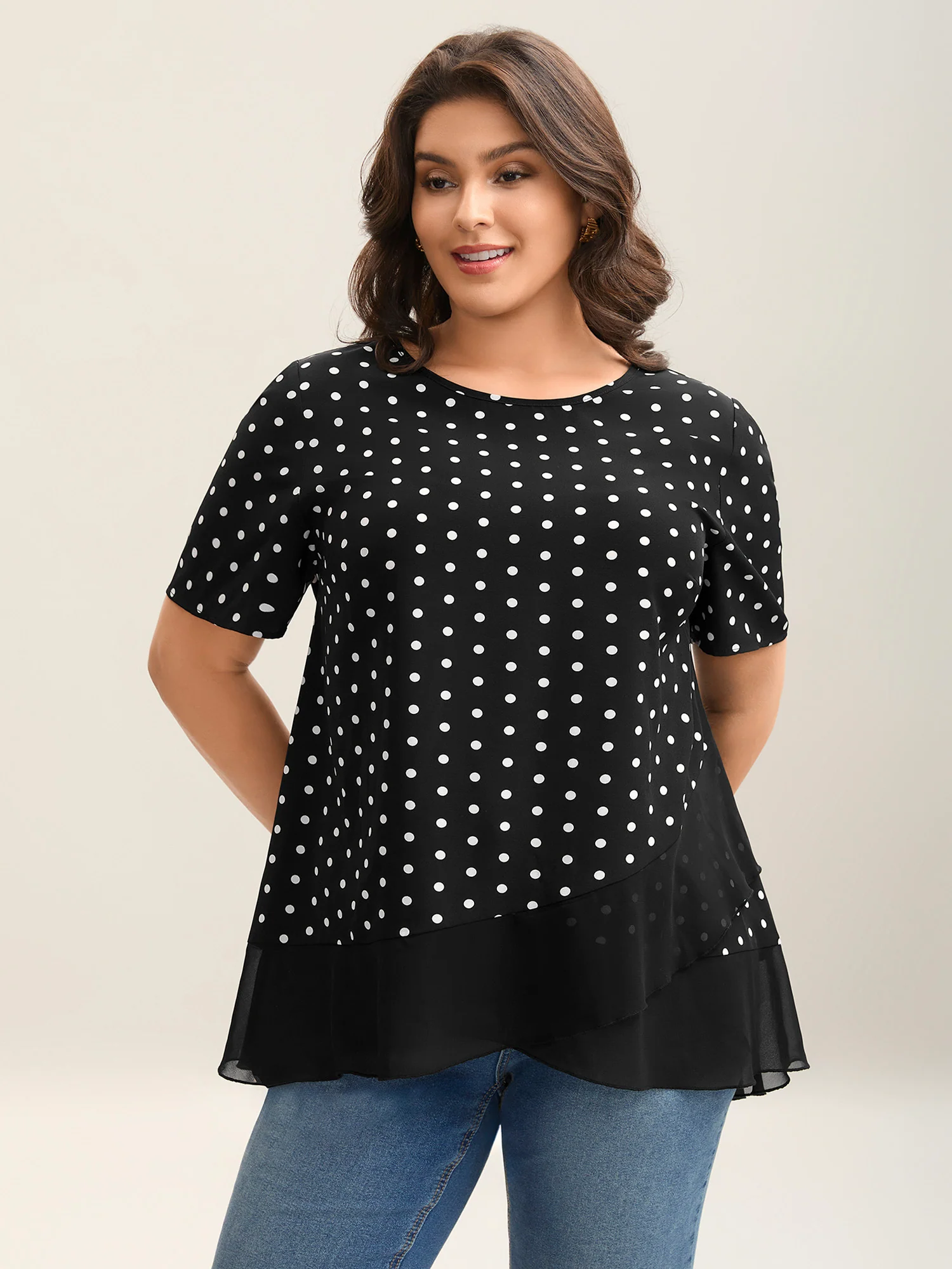 Polka Dots Spliced Ruffled Hem Shirt