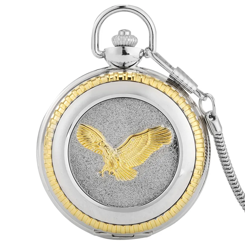 Large Size Golden Eagle Design Men Women Silver Quartz Movement Pocket Watch Roman Number Display with Pendant FOB Chain Gfit