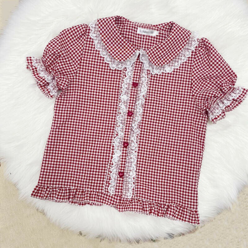 Kawaii Lace Ruffles Gingham Short Sleeve Blouse