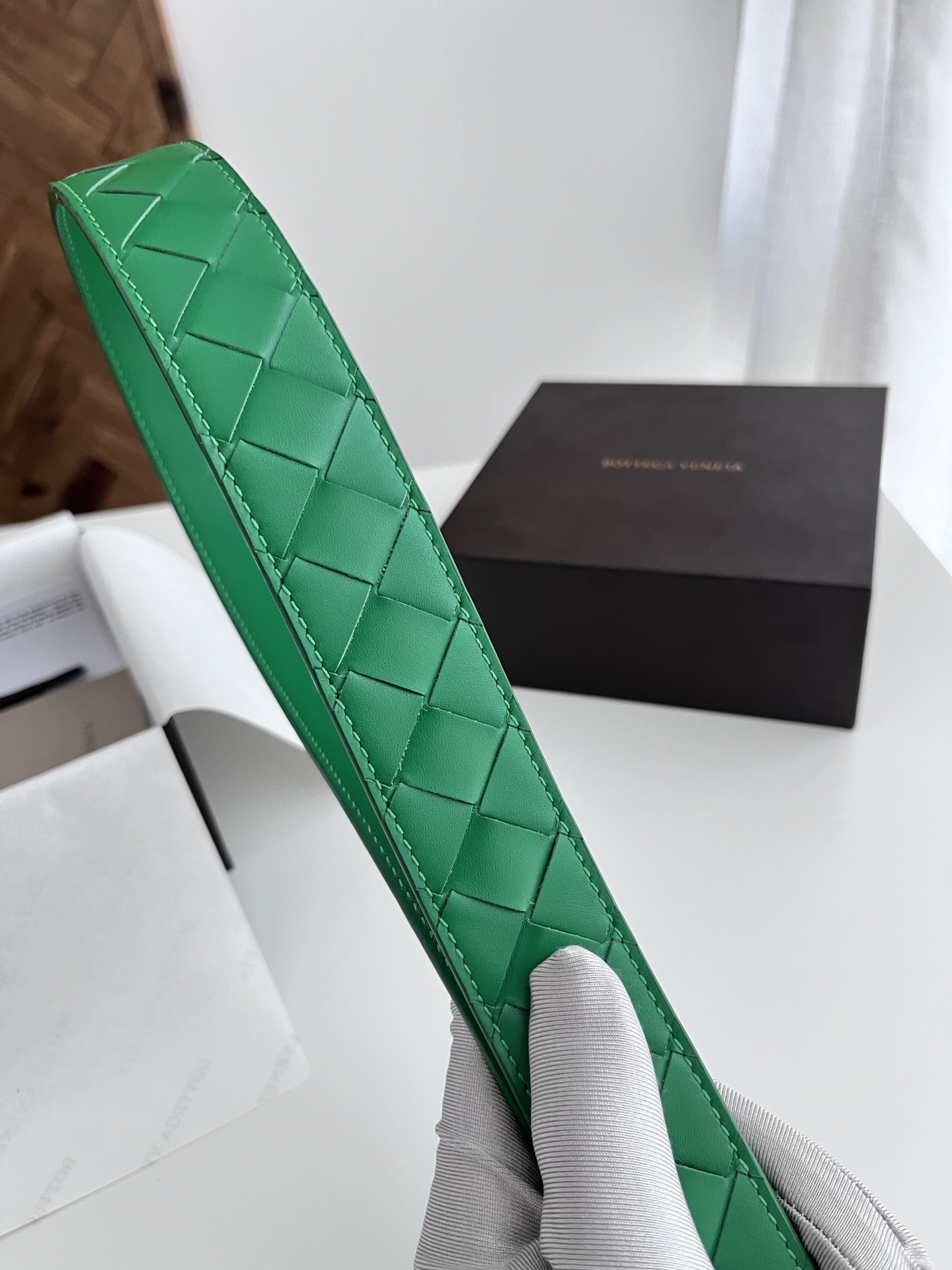 Bottega Veneta woven leather belt with rotating pin buckle, 3.5cm wide