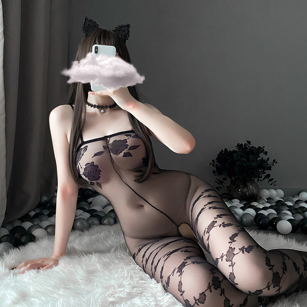 Sexy see-through patterned suspender strapless bodysuit stockings