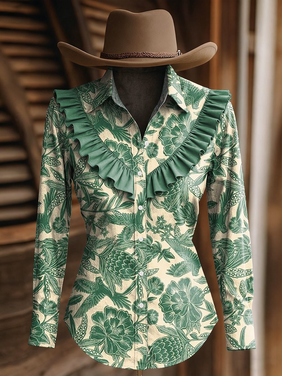 Women's Vintage Floral Print Western Ruffle Long Sleeve Shirt