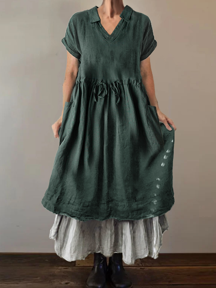 Patch Pockets Lapel V Neck Maxi Dress