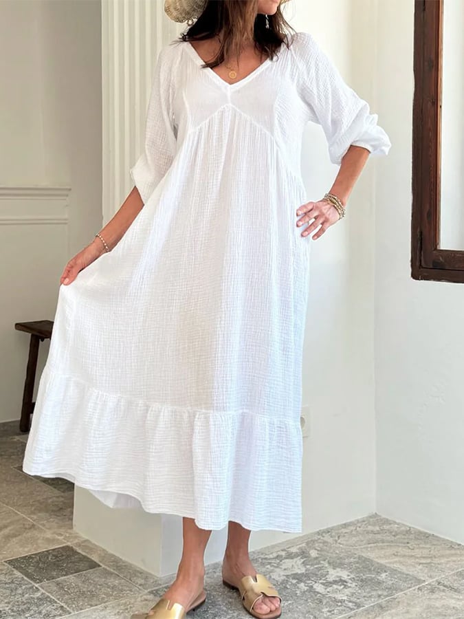 Women's Cotton And Linen V-Neck High Waist Solid Color Dress