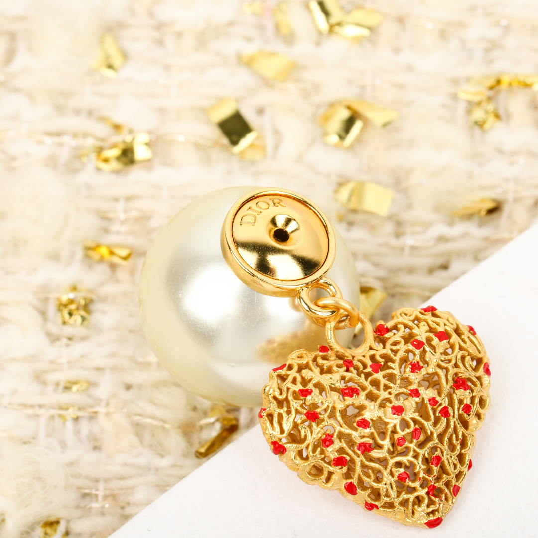 Dior Limited Edition Hollow Heart Pearl Earrings