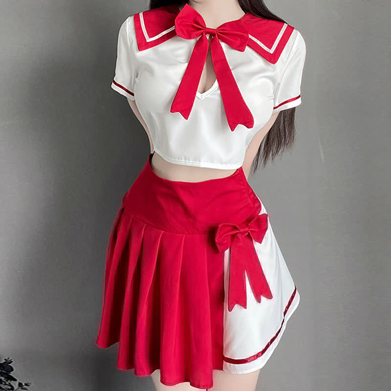 Hollow Out Bowknot JK Uniform Lingerie Stockings Set