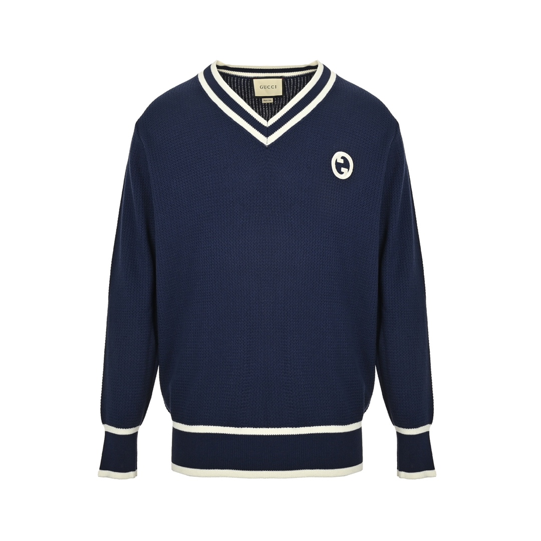 Gucci 24Fw preppy style double G embroidered striped V-neck knitted sweater
