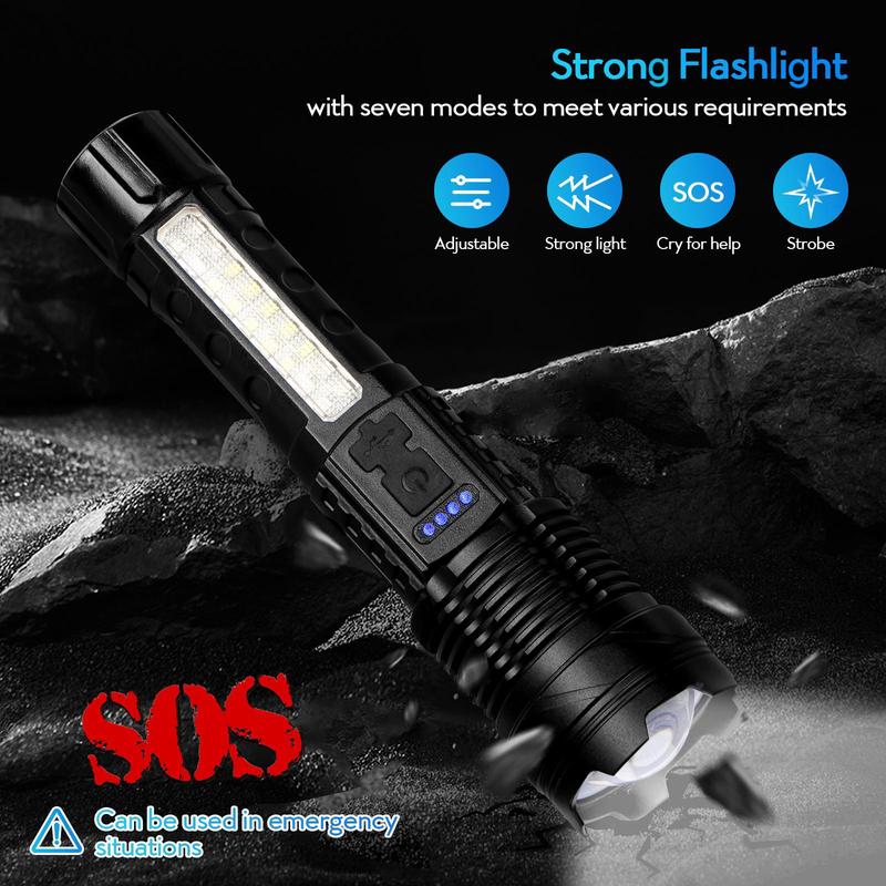 Strong Light Flashlight USB Rechargeable with Emergency White Light and Red & Blue Alarm Lights Waterproof Design