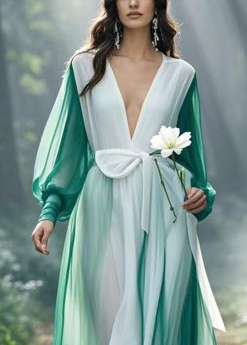 Chic Colorblock V Neck Tie Waist Chiffon Maxi Dresses Spring