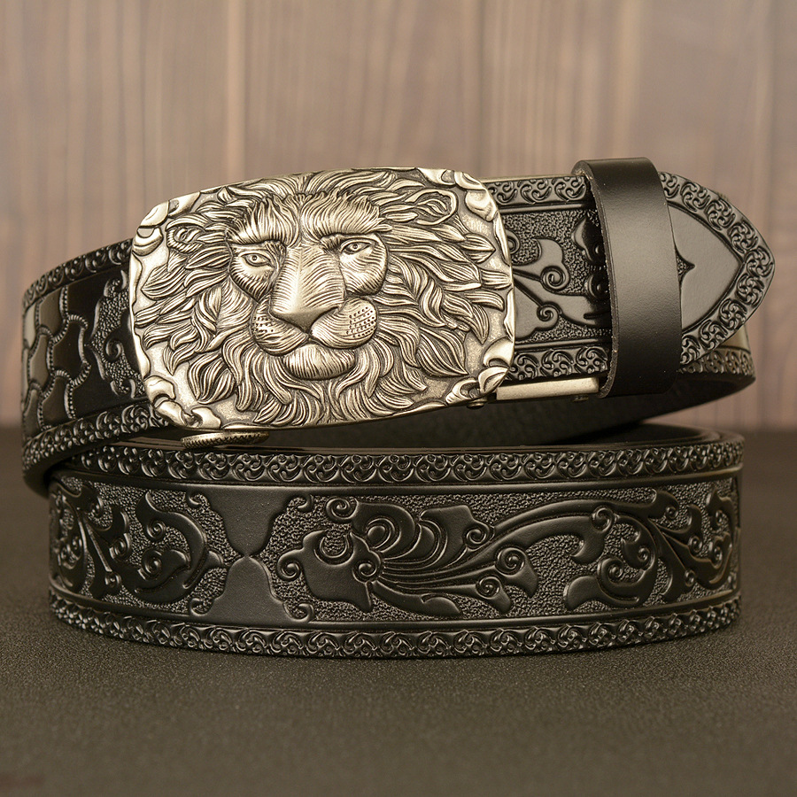 Lion Waist Buckle Cowboy Leather 3D Manual Engraved Belt