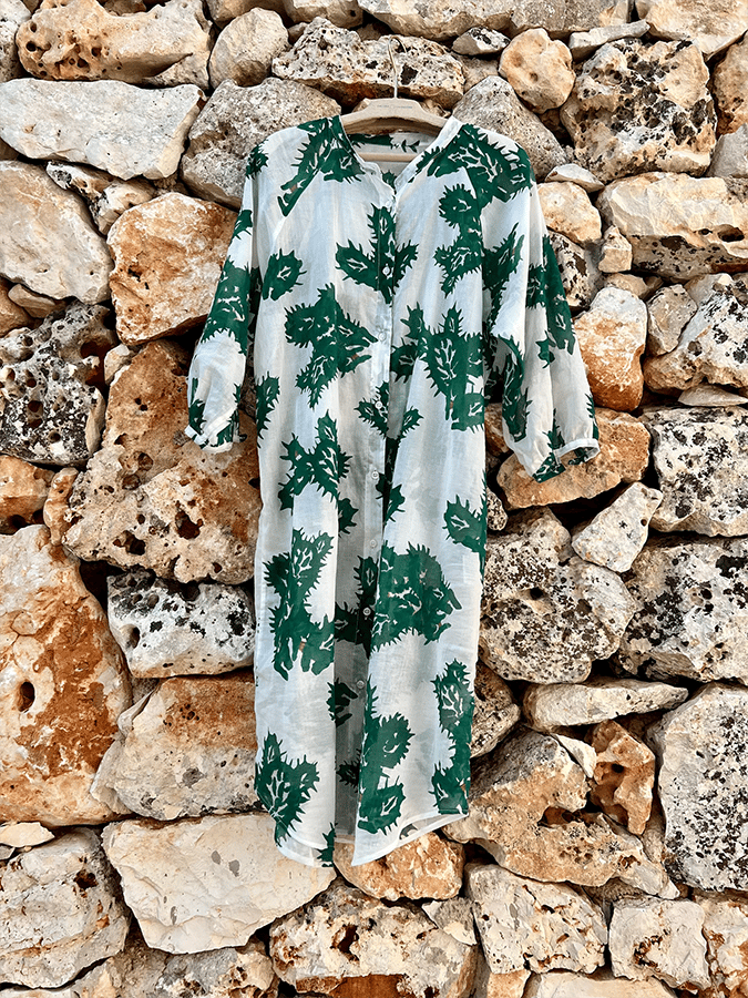 Women's Contrast Floral Button Cotton And Linen Dress