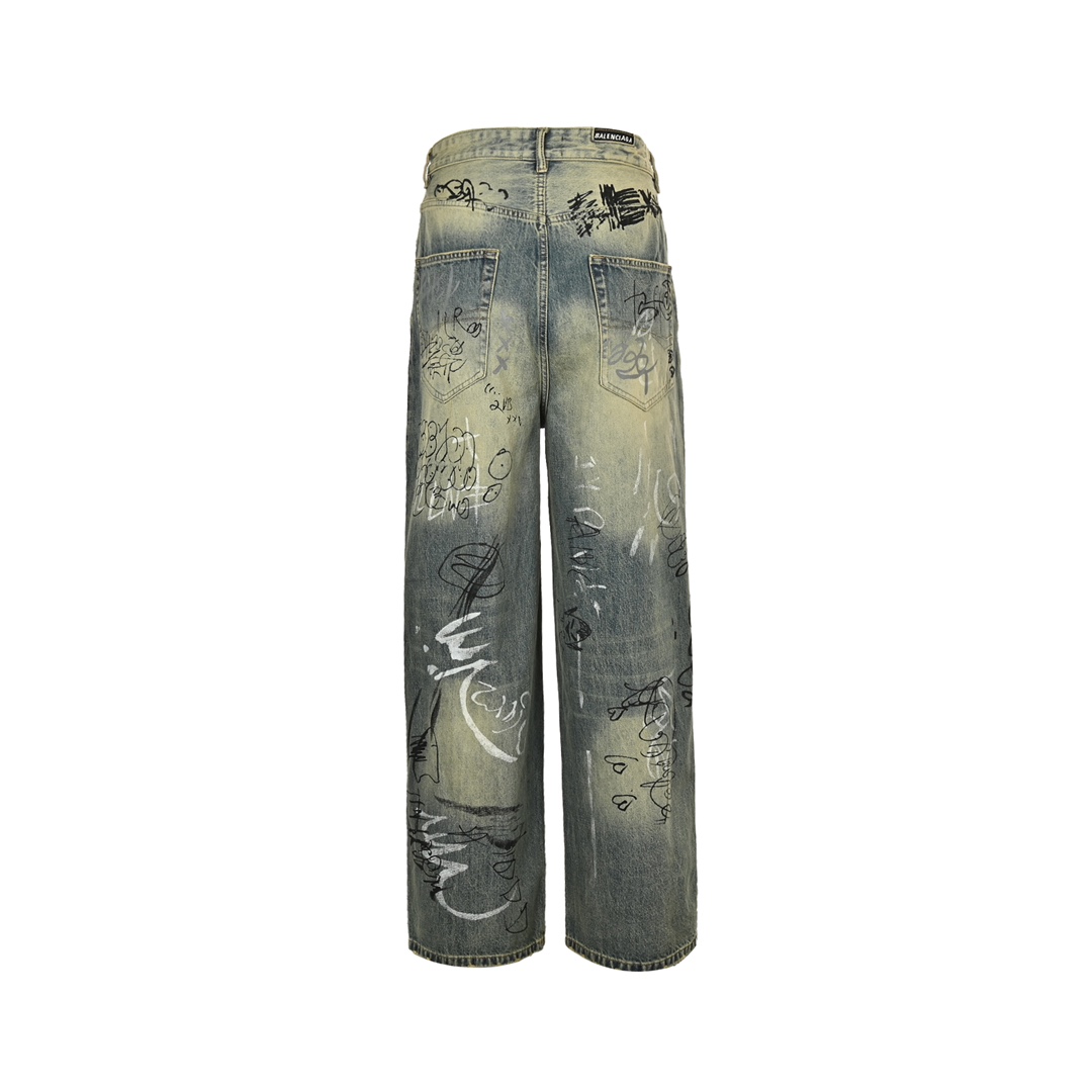 Balenciaga Hand-painted Graffiti Washed Loose Wide-leg Jeans