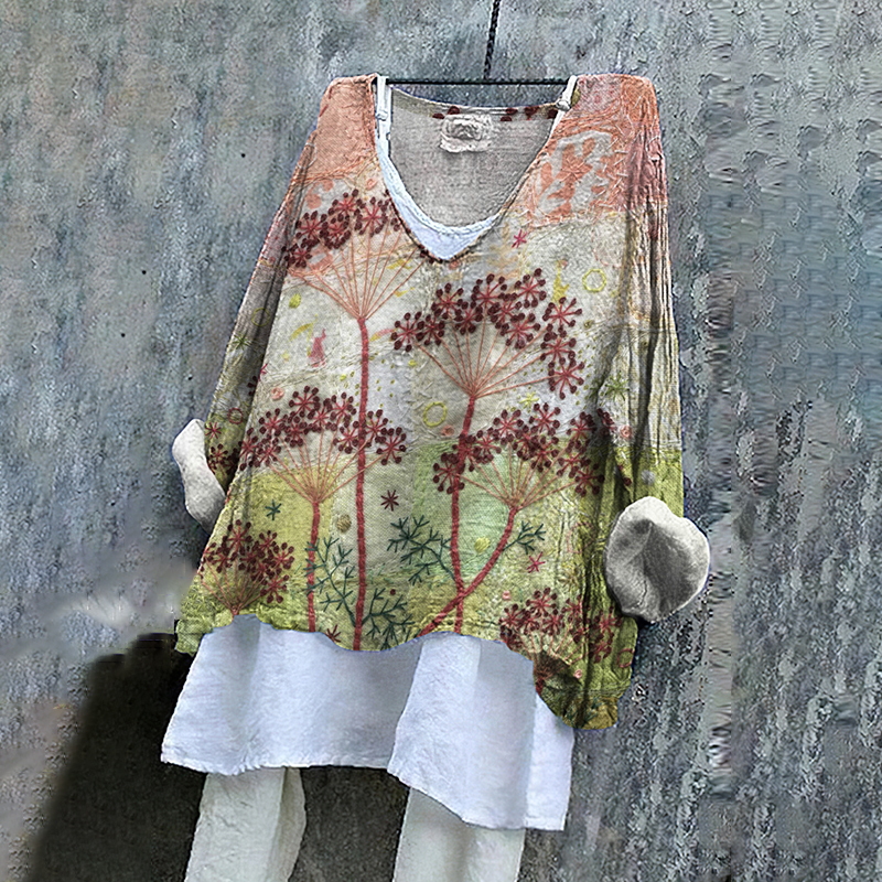 Retro Fanciful Garden Floral Embroidered Art Linen Blend Tunic