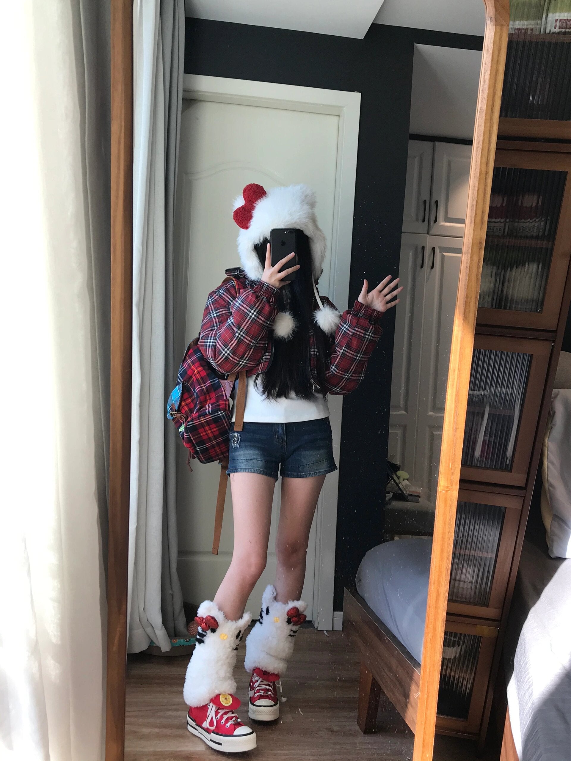 Hellokitty Plush Hat for Women Fuzzy Cute Hat Y2K Winter Cold Weather