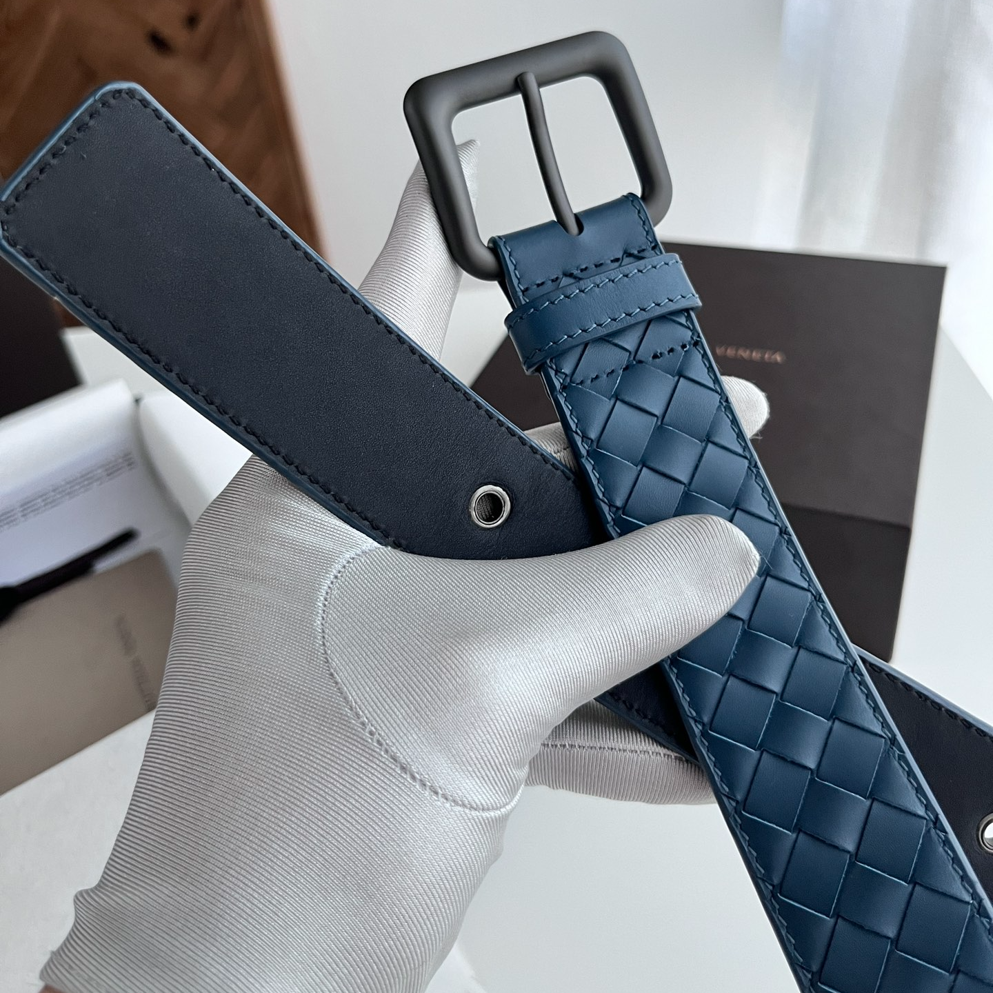Bottega Veneta intreccio woven cowhide double-sided belt 3.5cm wide