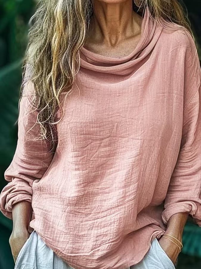 Ladies Pile Collar Pullover Pleated Long Sleeve Loose Casual Shirt