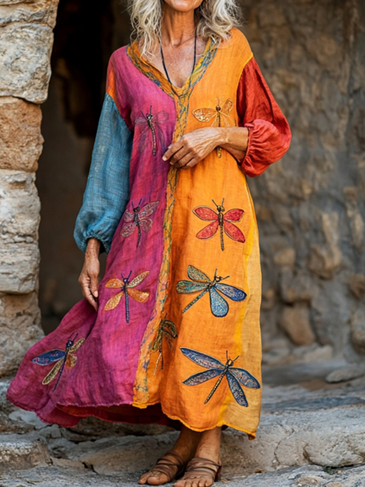 Women's Dragonfly Embroidery Contrast Color V-neck Loose Midi Dress