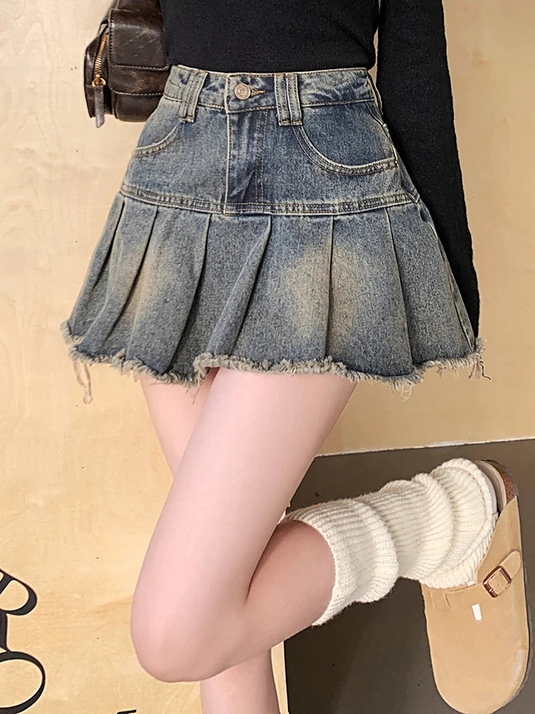 Distressed Pleated Denim Skort