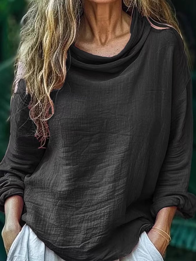 Ladies Pile Collar Pullover Pleated Long Sleeve Loose Casual Shirt