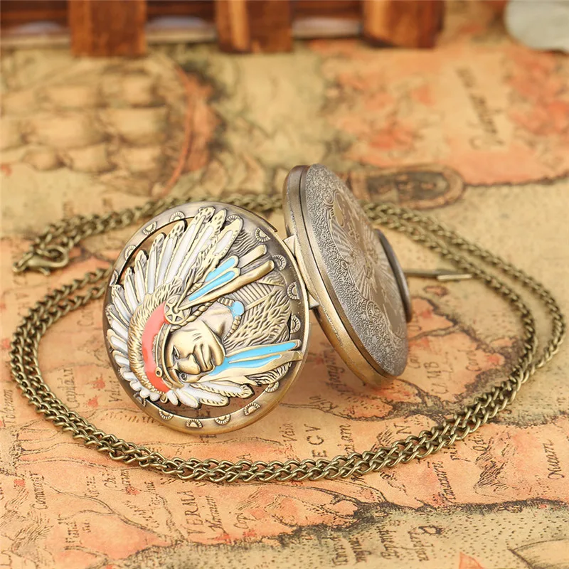 Old Fashion Indian Man Design Arabic Number Quartz Pocket Watch for Men Women Necklace Chain Pendant Arrow Gadget Reloj