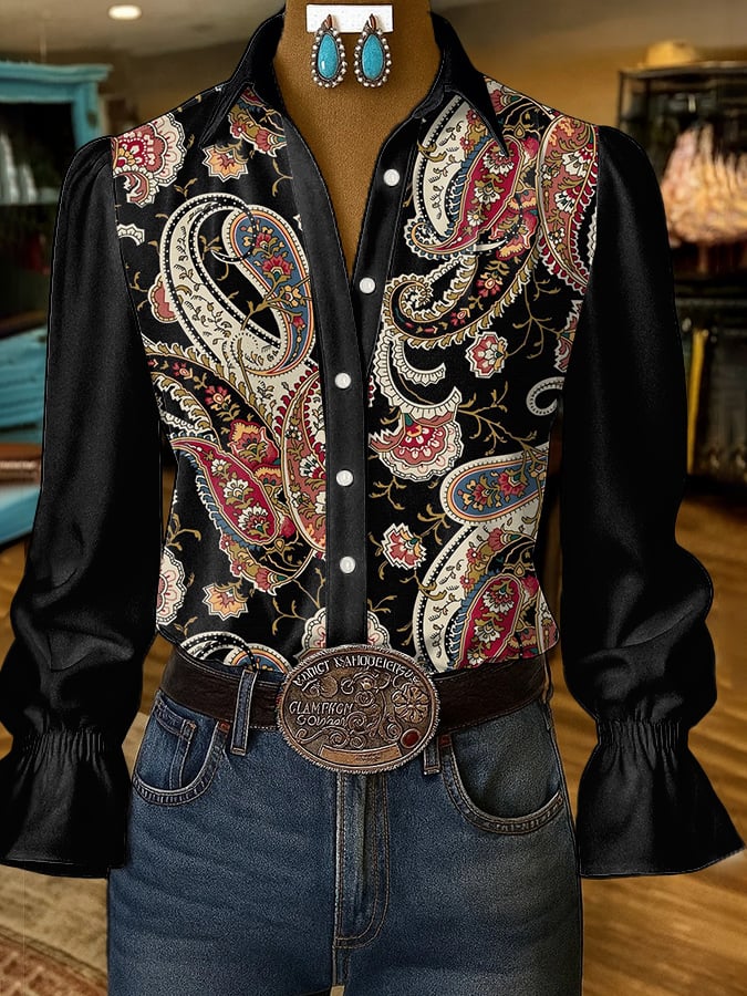 Women's Casual Western Style Floral Shirt