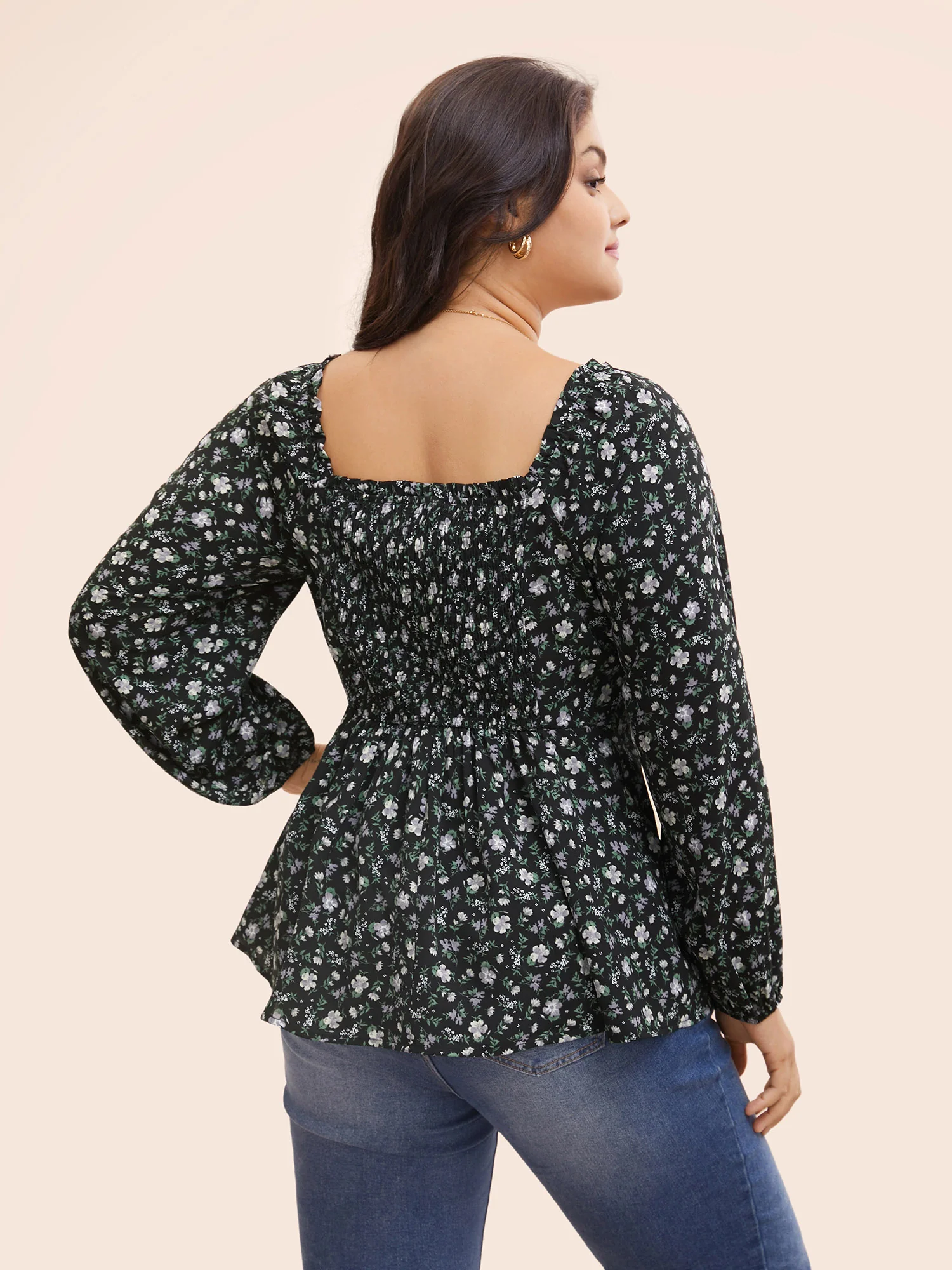 Heart Neckline Ditsy Floral Shirred Blouse