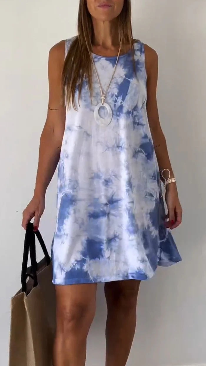 Women Internet Celebrity Summer Tie Dyed Printed Sleeveless Loose Dress