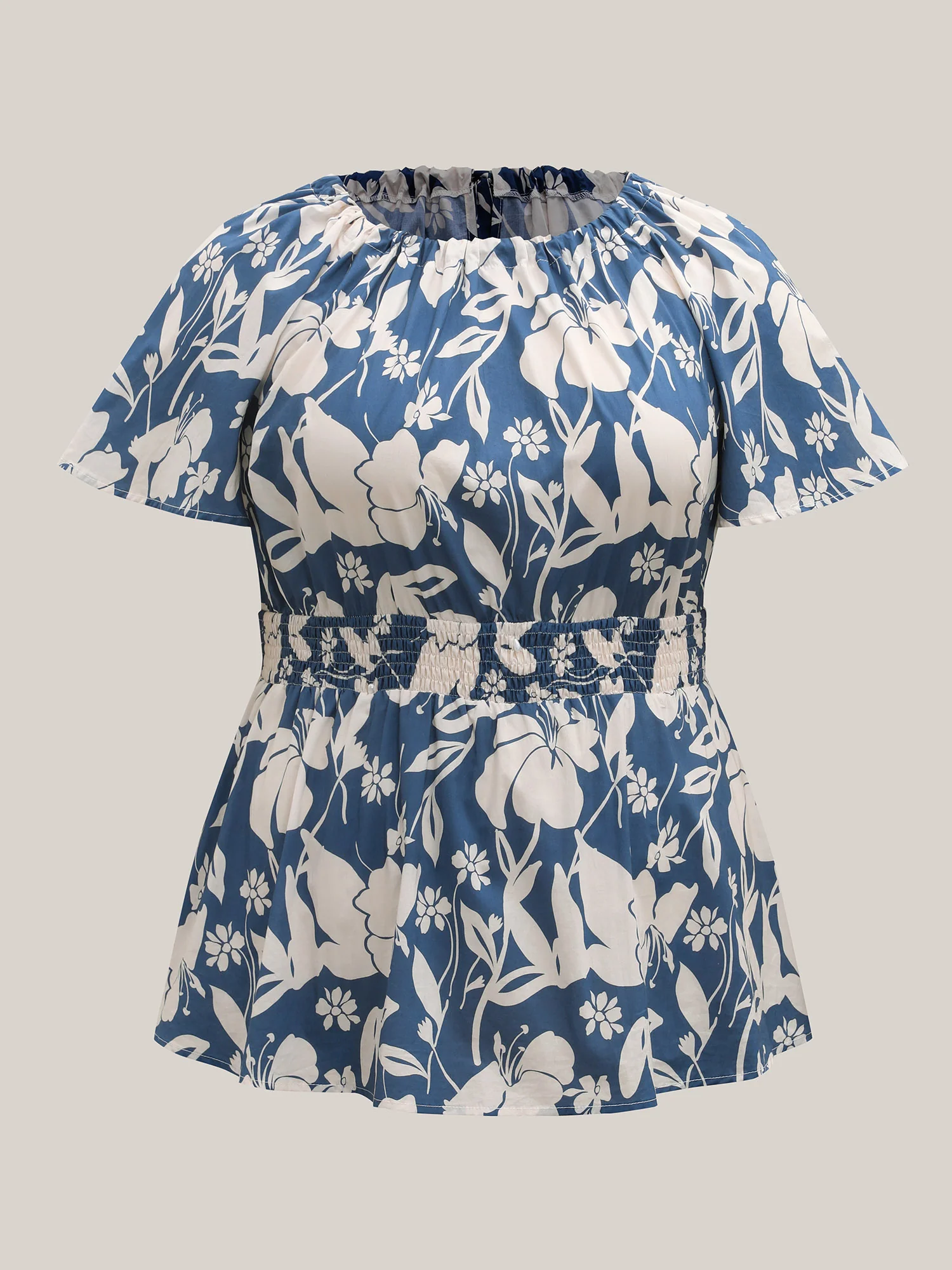 Cotton Silhouette Floral Print Shirred Waist Blouse