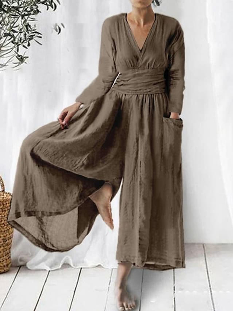 Elegant V Neck Wide Leg Flowy Jumpsuit