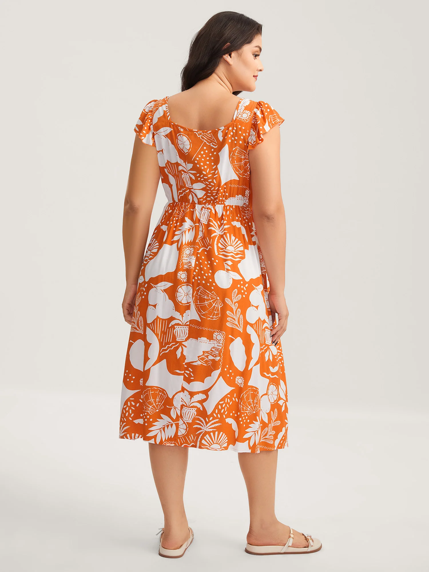Rayon Fruity Floral Neck Tie Midi Dress