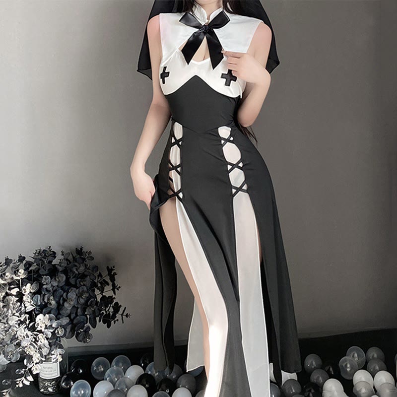 Nun Cross Slit Lingerie Dress Set
