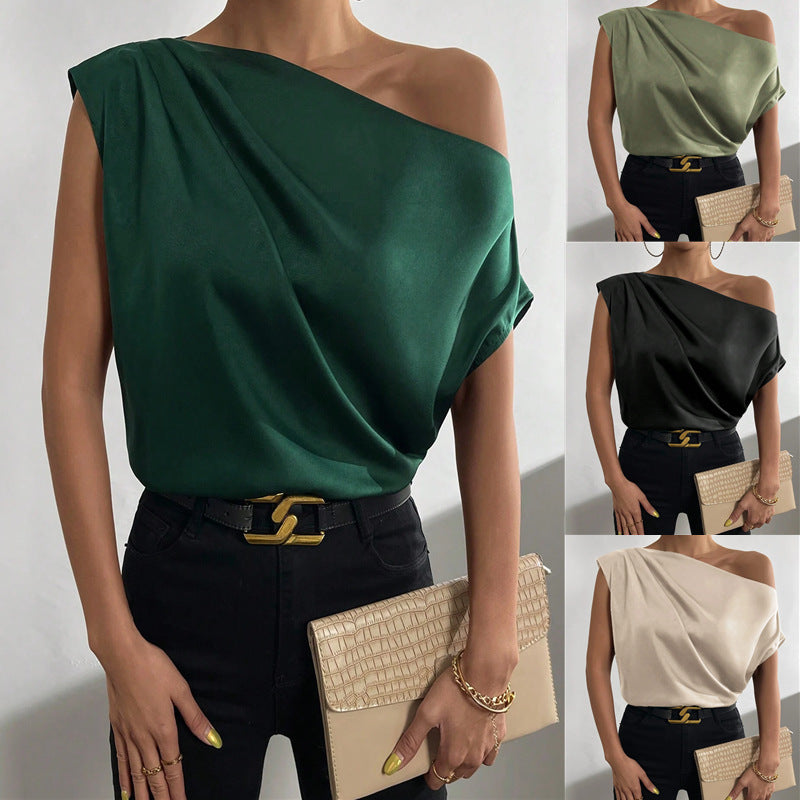 Asymmetric Vest with Diagonal Collar and Pinch Pleated Design for Women