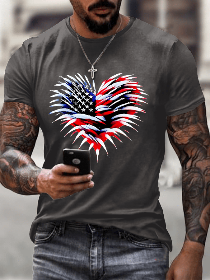 Men's Retro Independence Day Flag Heart Fireworks Print T-Shirt
