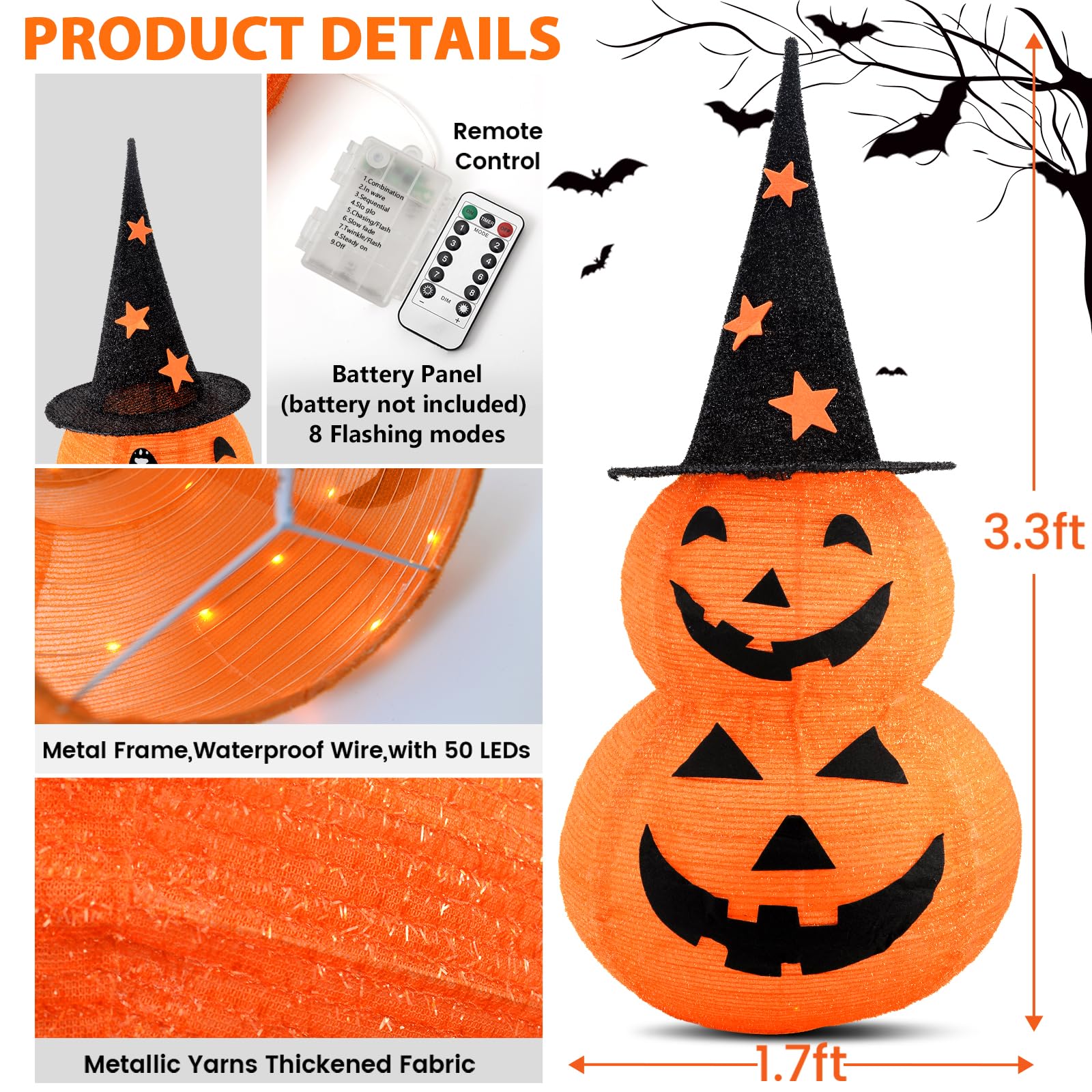 🏆Limited Sale⚡Almost Gone🎃3.3 FT Two-Layers Remote Control Pumpkin Lights