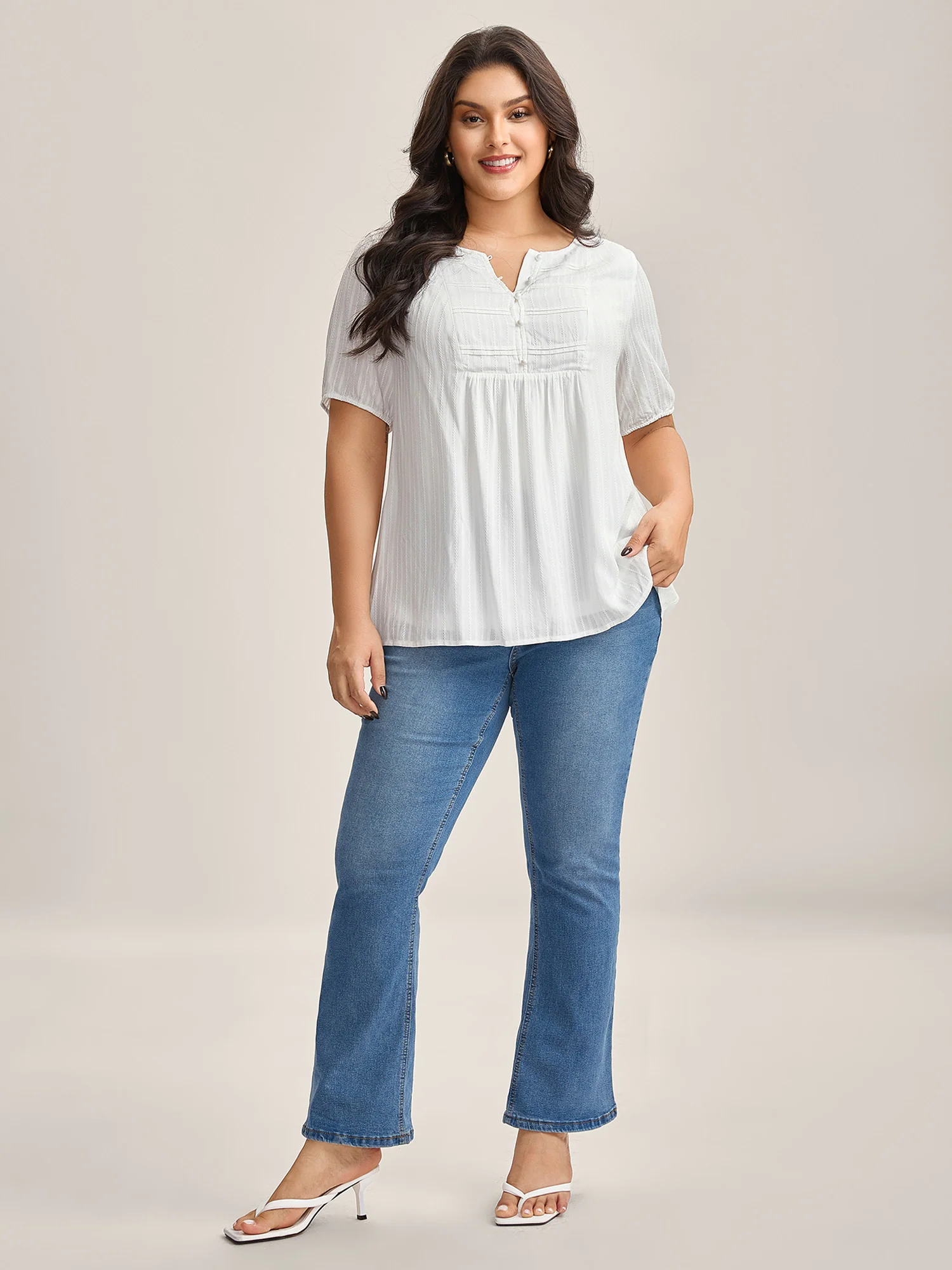 Textured Pleated Bodice Plain Blouse