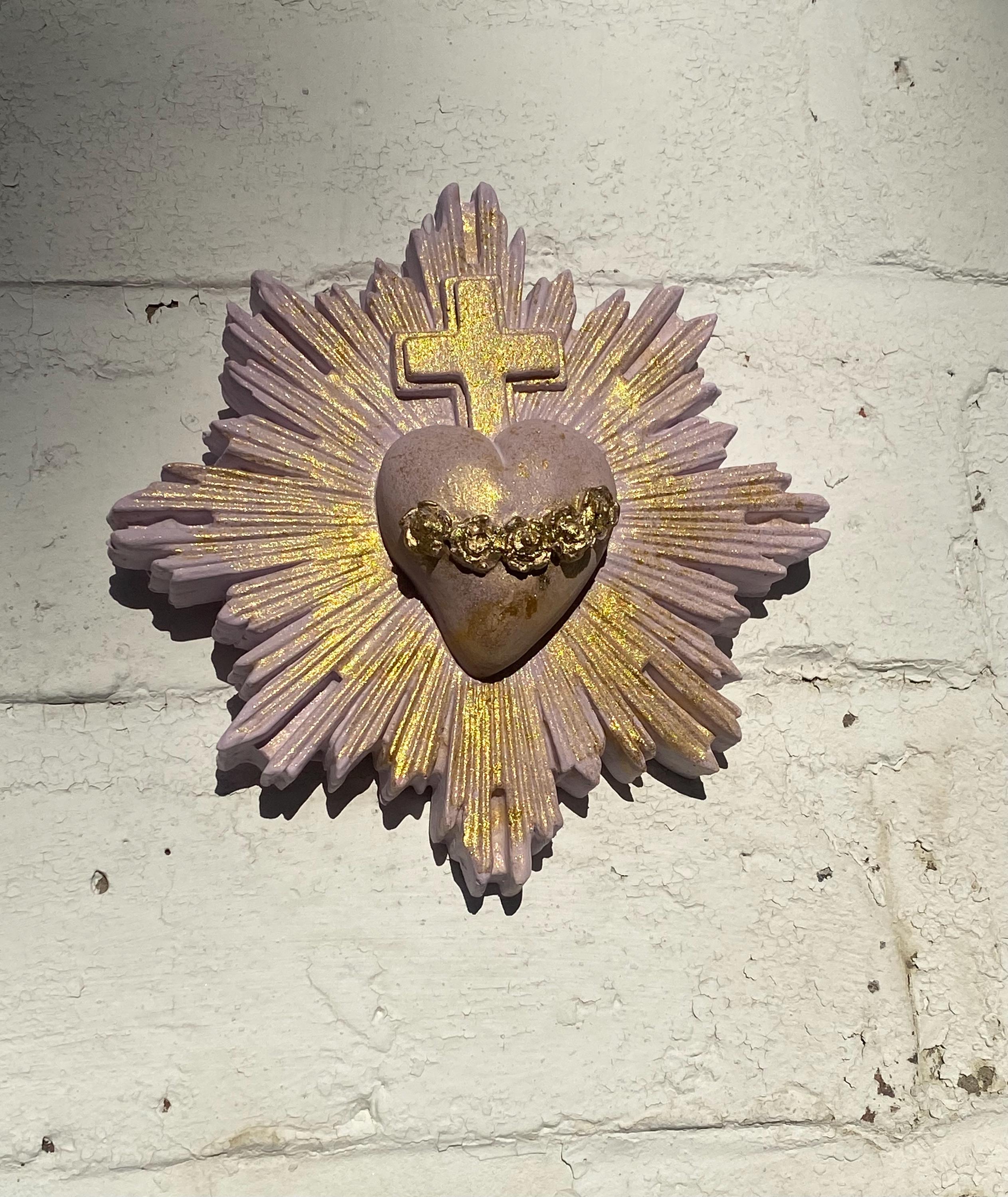 Sacred Heart Wall Decor, Milagro Heart, Flaming Heart & Cross, Handmade.