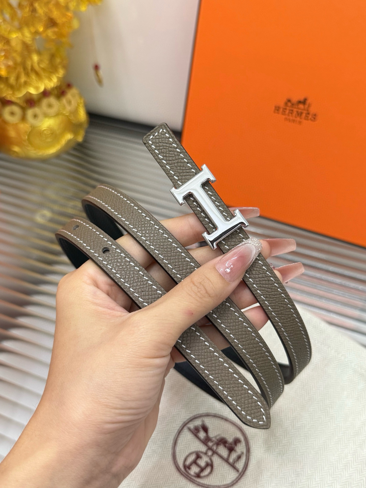 Hermès Mens belt double-sided calfskin women's belt width 1.3CM