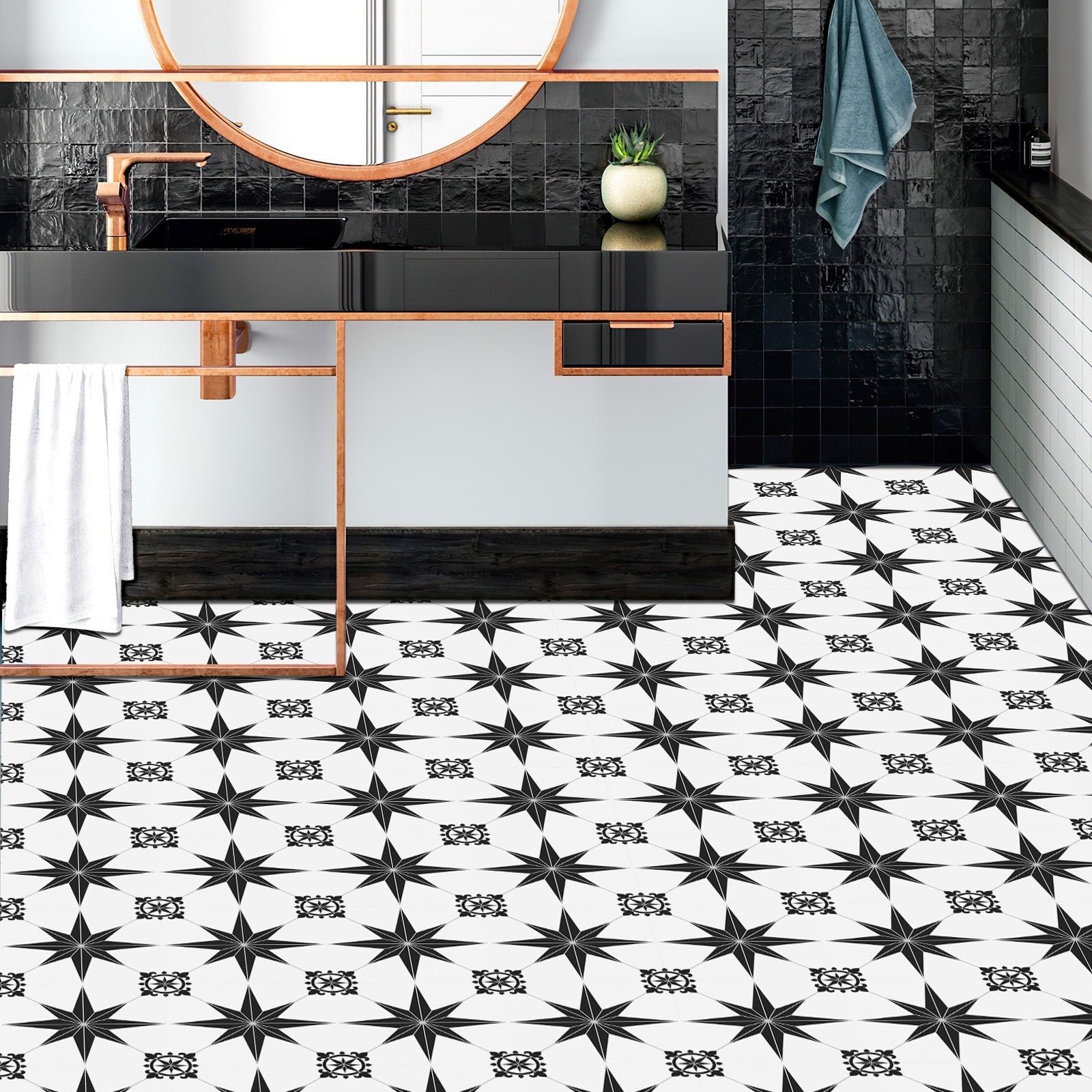 Black and White Star Peel and Stick Vinyl Floor Tile Sticker