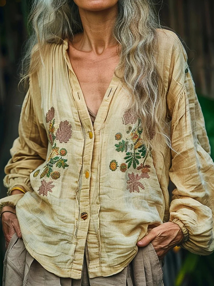 Bohemian Style Linen Floral Art Print Long Sleeve Loose  Shirt