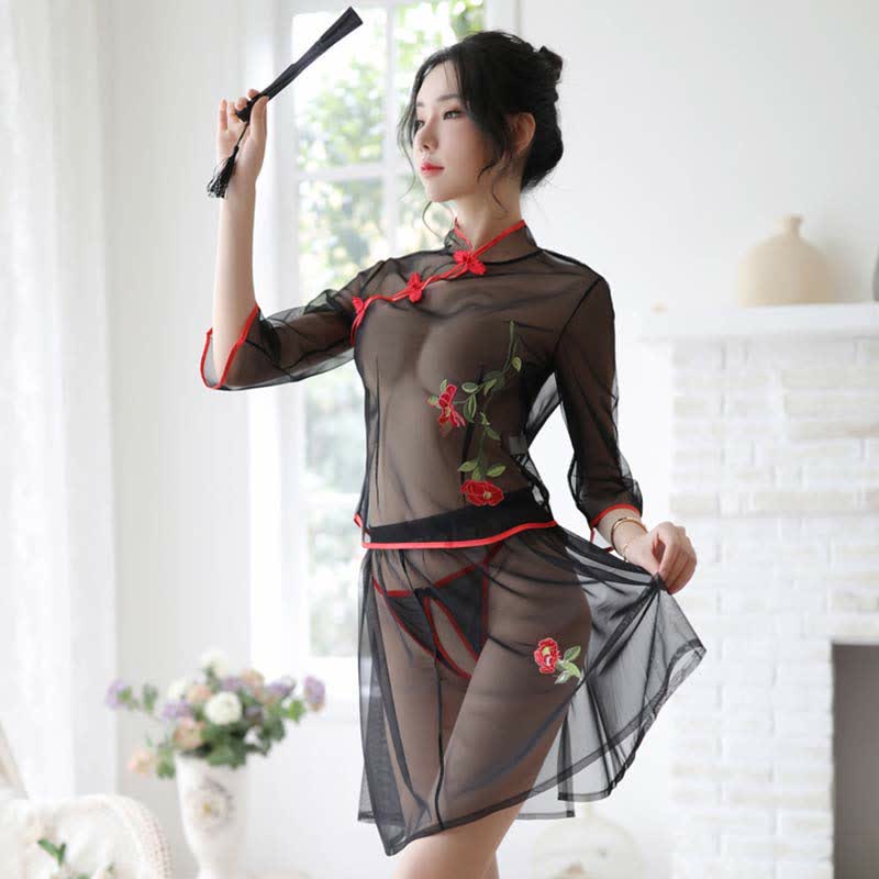 Vintage Floral Embroidery Transparent Mesh Hanfu Lingerie Set