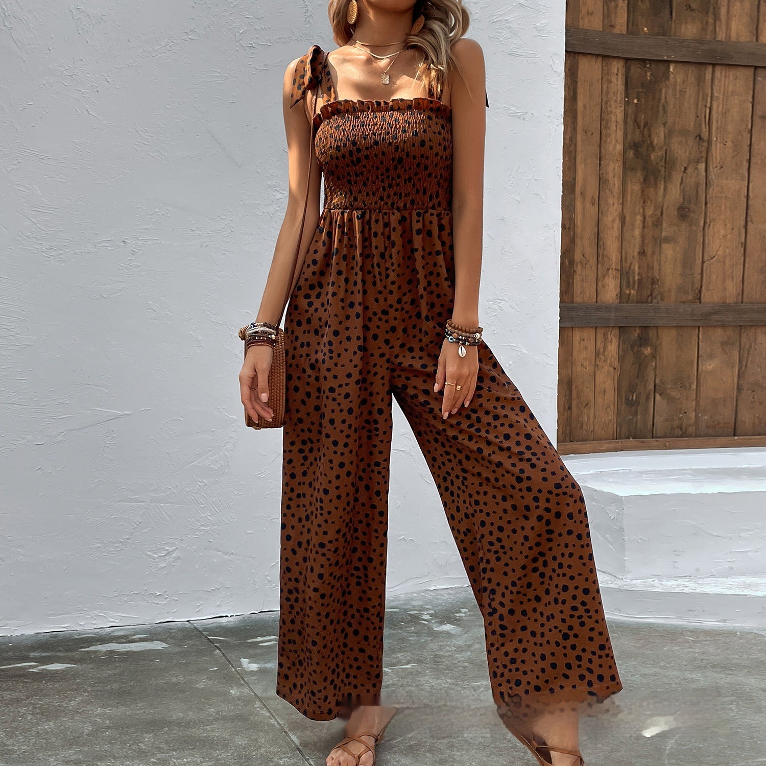 European and American Style Polka Dot Print Jumpsuit with Waist-Slimming Pocket Design