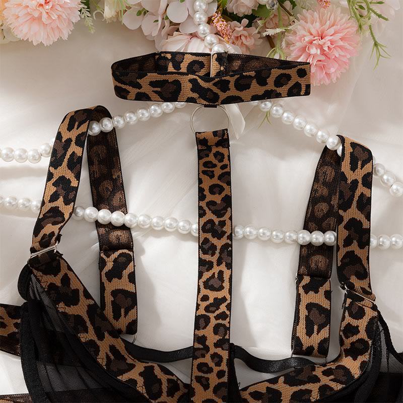 Leopard Print See-through Hollow Out Lingerie Set