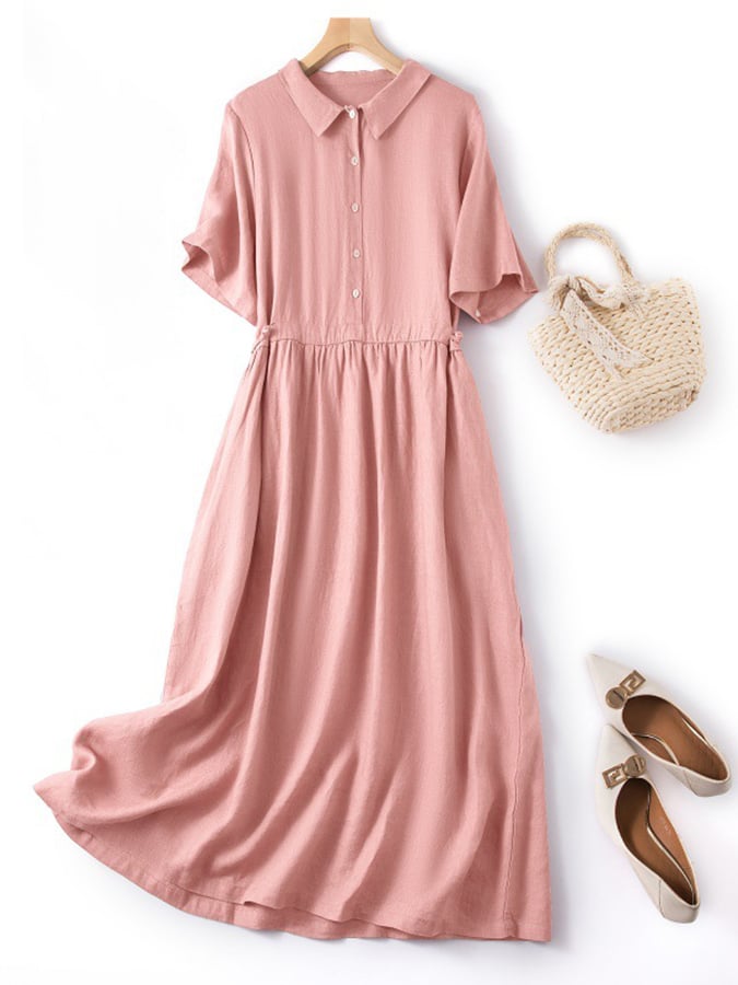 Women's Solid Color Short-Sleeved Shirt Collar Artistic Retro Cotton And Linen Casual Dress