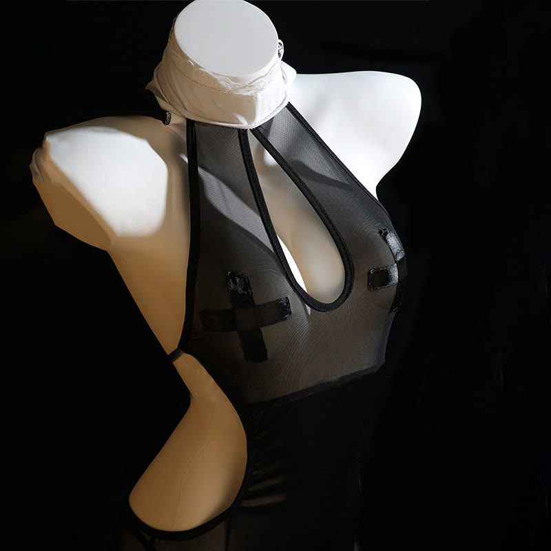 Nun Backless See-through Slit Lingerie Dress